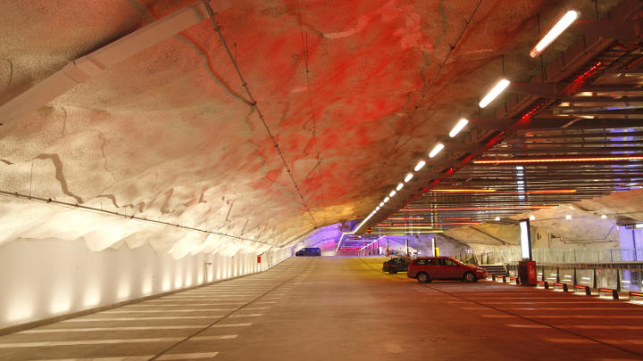 The different coloured lights in P-Hämppi parking garage help drivers remember where they parked their car