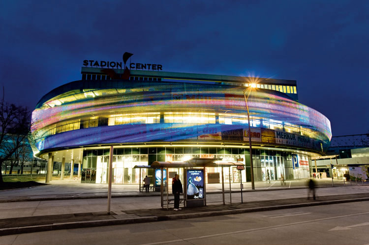 The innovative video façade of Stadion Center at Vienna, Austria