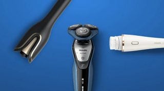 "Philips grooming devices on blue background: electric shaver, beard trimmer, and facial cleansing brush for men's personal care."